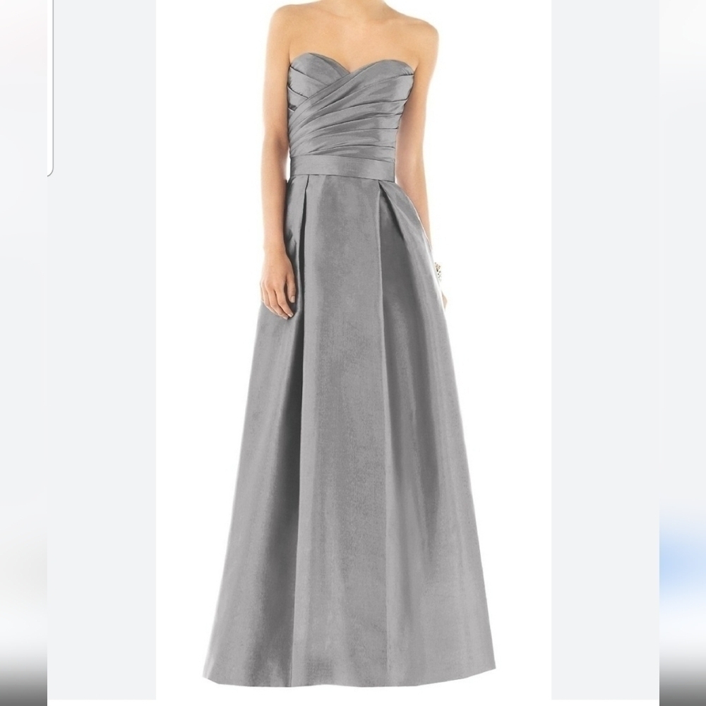 Alfred Sung Gray Quarry Strapless Pleated Bridesmaid Dress Style D537 Dupioni